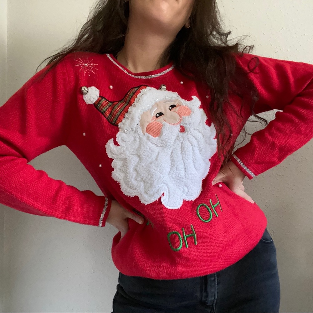 Vintage Santa Face Christmas Sweater w Bells
